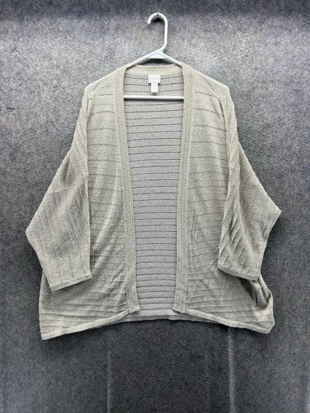 Chico's Cardigan Sweater Womens 3 Beige V Neck Open Knit Dolman Sleeve 3/4